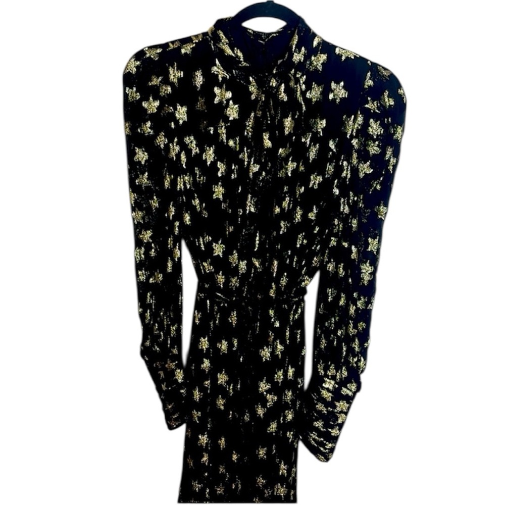 CIEBON black long sleeve high neck gold star dress with neck bow waist tie S